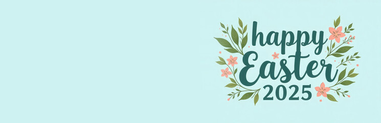 Inscription in green letters “Happy Easter 2025”. Inscription decorated with sprigs of greenery and flowers on pastel blue background. Concept of Easter postcard, advertising banner. Copy space