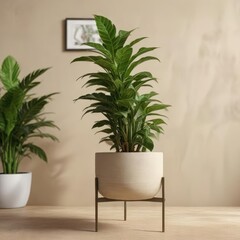 Fototapeta premium A small potted plant on a beige textured side table , greenery decor, calming ambiance