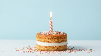 A small round cake with a lit candle and sprinkles around it, mini dessert, party desserts, birthday party food