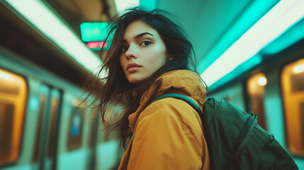 Young woman walking in subway urban environment portrait photography