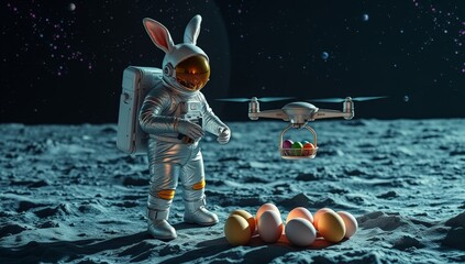 Naklejka premium Space-themed Easter Bunny with eggs and flying drone