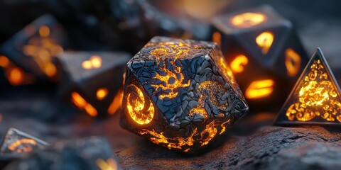 Glowing fantasy dice on dark surface, game background