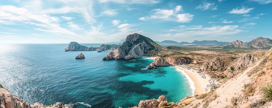 Panoramic view of santa maria beach embracing the rugged baja california sur coastline