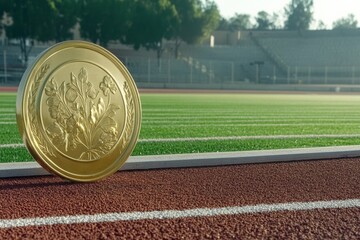 Golden Medal with Floral Design on Running Track, Symbol of Women's Day Celebration, Feminism, Victory Concept