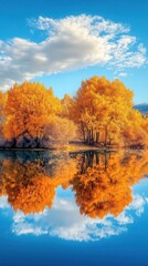 Fototapeta premium Golden autumn trees reflected in calm lake under blue sky