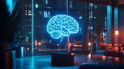 A glowing neon brain sculpture illuminated in a modern, stylish setting. This image captures the essence of creativity and innovation in a contemporary environment.
