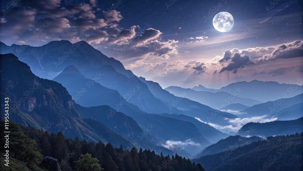 Poster Moonlit Mist Over Mountains Creates a Serene Landscape. Generative AI