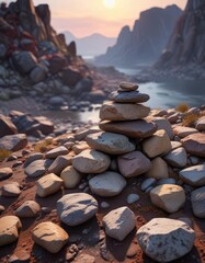 A solitary pile of stones marks a rocky outcropping as the day succumbs to evening, solitude, cairn, geological feature