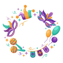Fototapeta premium A vibrant round frame celebrating Mardi Gras and carnival, adorned with colorful masks, a jester s cap, festive balloons, maracas, and a lively garland. Perfect for festive invitations and decorations
