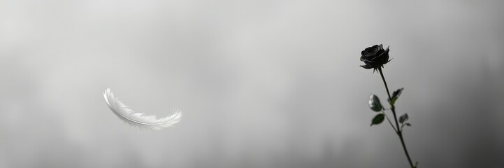 A solitary white feather floating on a misty gray background, where a single black rose quietly blooms in the distance, funeral, death