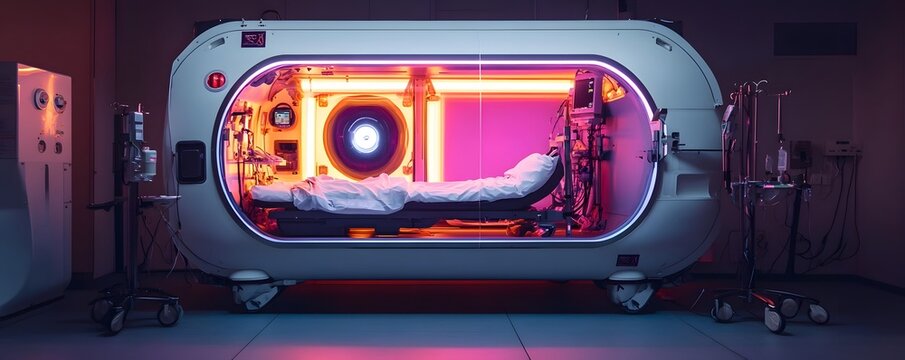 A high-tech hyperbaric chamber with vibrant neon lights, designed for medical therapies. The modern design highlights advancements in healthcare technology and patient care.
