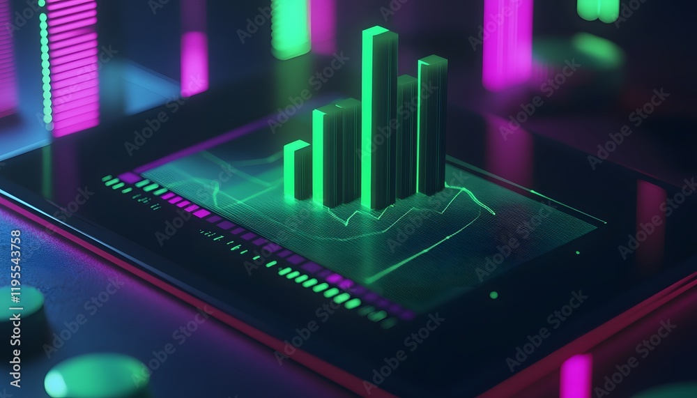Poster a mesmerizing digital representation of data visualization, featuring glowing green bars on a vibran