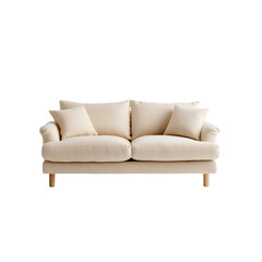A plush, light-colored sofa with soft cushions and wooden legs, Isolated on white background