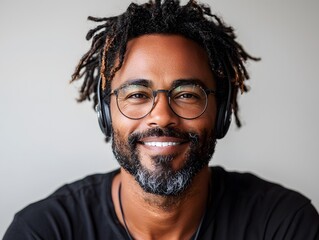 Obraz premium Smiling man with glasses and headphones enjoying music in a casual setting, showcasing a relaxed and joyful mood with a neutral background atmosphere.