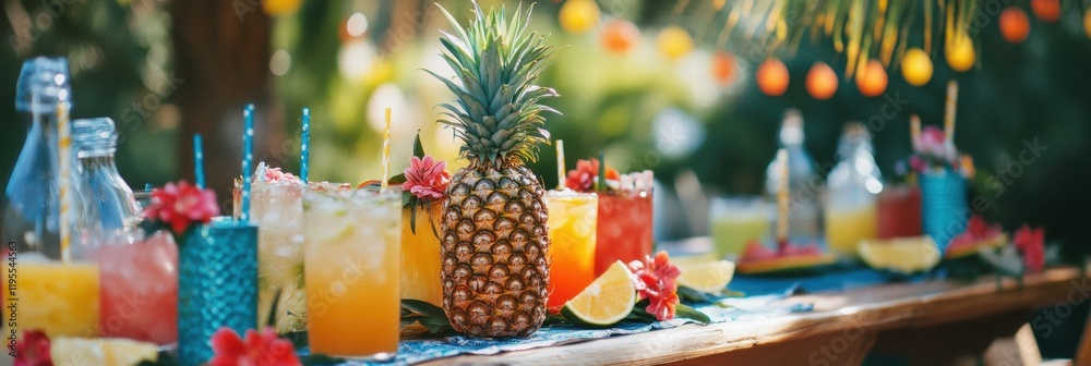 Poster summer picnic with tropical drinks and fresh pineapples at a garden gathering. generative ai