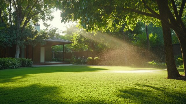 Sunlit Sprinkler System Nourishing a Lush Green Lawn in a Vibrant Backyard Setting