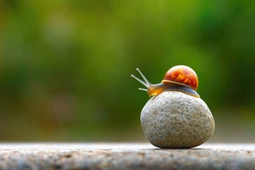 Obraz premium Tenacious Snail Hauls Heavy Stone, Illustrating the Power of Steadfast Persistence and Determination