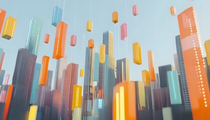 Obraz premium A stunning city skyline with colorful skyscrapers that create a vibrant urban landscape, showcasing modern architecture against a clear sky.