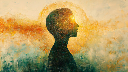 Silhouette of a person with spiritual mandalas and glowing golden light
