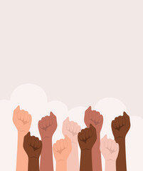Hands of people of different nationalities and skin tones raised up and clenched into a fists on a beige background with copy space, flat vector illustration