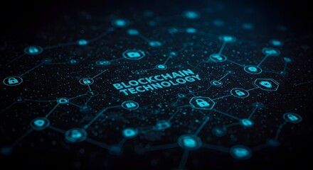 Blockchain technology concept with interconnected devices and nodes. Digital network showcasing blockchain technology with security icons.