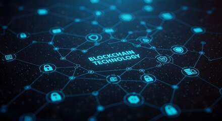 Blockchain technology concept with interconnected devices and nodes. Digital network showcasing blockchain technology with security icons.