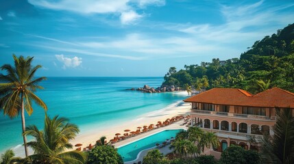 Fototapeta premium a beach with a pool and a resort on the shore