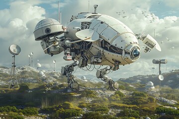A large white dronelike craft with multiple antennas lands in a hilly landscape filled with smaller communication structures. Birds fly overhead, and a cloudy sky forms the backdrop.