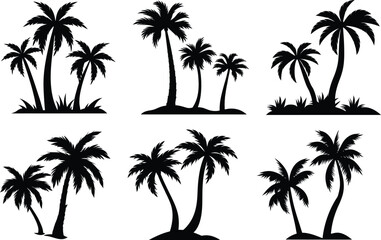 Fototapeta premium Set of palm trees silhouette art black and white vector illustration on white background