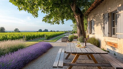 Obraz premium Serene Vineyard View: Lavender, Picnic Table, and Rustic Farmhouse