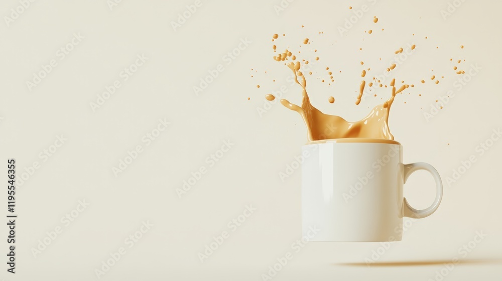 Poster levitating white mug with coffee splashing out of it creates a dynamic scene against a beige backdro