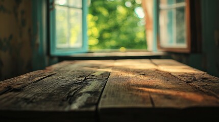 a wooden table with a window open in the background