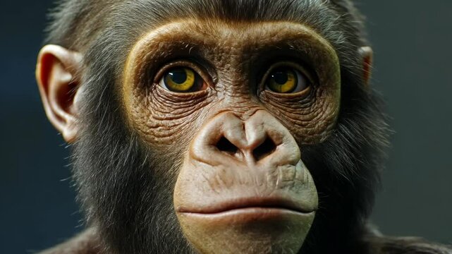 Detailed portrait of a primate with expressive features captured in a studio setting highlighting its gaze and texture