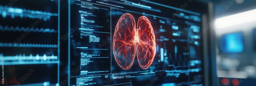 Poster diagnostic medical screen displays detailed information about lung functionality and health metrics 
