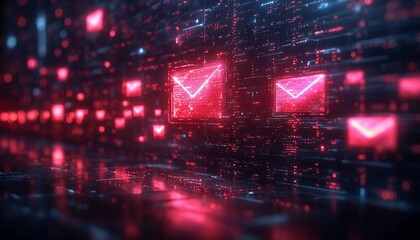 A futuristic holographic interface with floating task cards, calendar events, and reminders glowing in a virtual workspace, Automated email marketing strategy, floating holographic data, sleek modern 