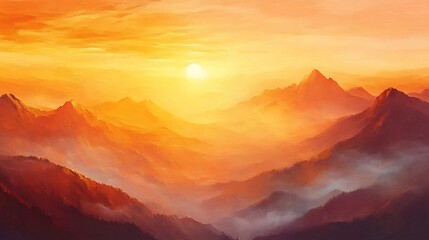 Obraz premium Golden Hour Mountain Range Dramatic Sunrise Warm Hues Misty Peaks. AI Generated