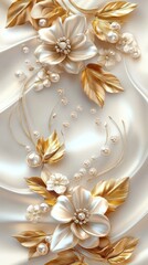 Golden flower art, pearls adorn white silk fabric, for textile or wallpaper design