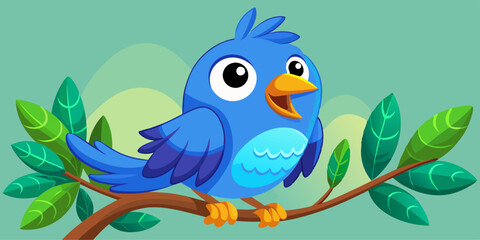 Cartoon Blue Bird with Cheerful Expression Perched on Branch in Vibrant Colors