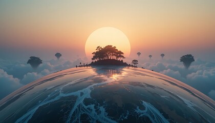 Obraz premium Sunset over a surreal island in a dreamy cloudscape