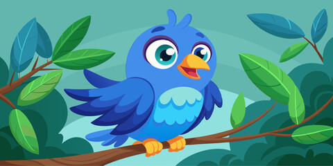 Cartoon Blue Bird with Cheerful Expression Perched on Branch in Vibrant Colors