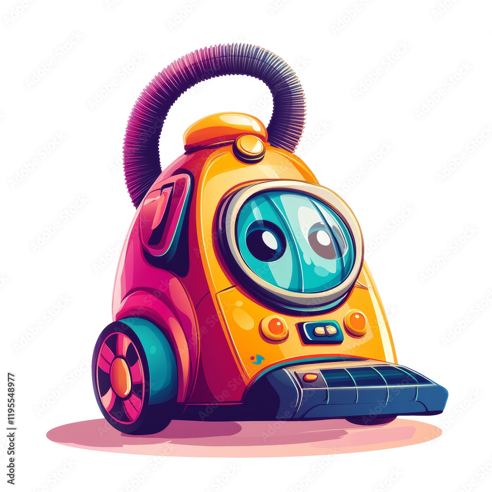 Poster the image depicts a stylized cartoon vacuum cleaner robot with bright colors and a friendly expressi