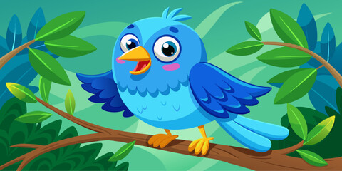 Cartoon Blue Bird with Cheerful Expression Perched on Branch in Vibrant Colors