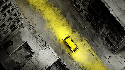 Aerial View Yellow Taxi Urban Street Grey Cityscape