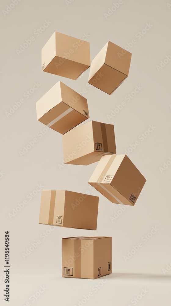 Aufkleber Seven identical cardboard boxes are levitating in the air, defying gravity, with one box resting on a simple surface, creating a surreal and intriguing scene