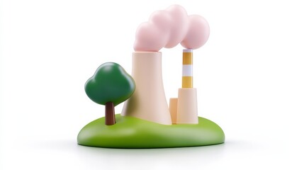 A cartoonish representation of a power plant emitting smoke, surrounded by green grass and a tree, highlighting industrial and environmental themes.