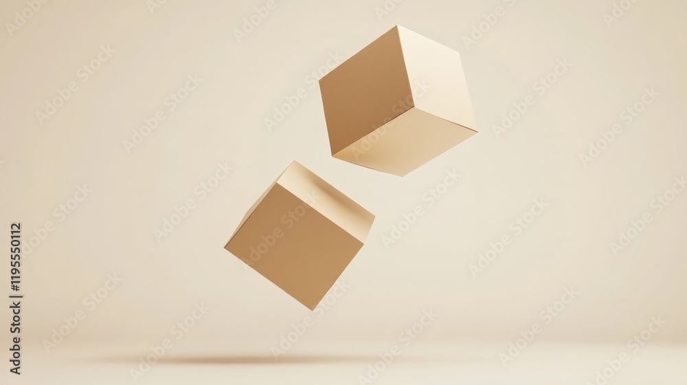 Poster Two identical beige cubes levitating gracefully over a soft pastel background, casting delicate shadows that enhance a minimalist and intriguing visual composition