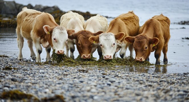 Playful Cows on Brora Beach Enjoying Seaweed by the Shore