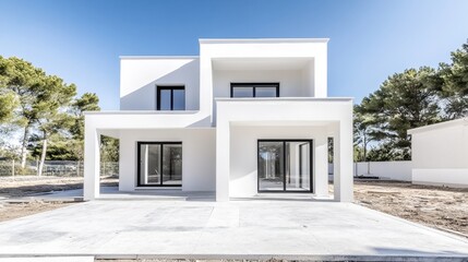 Modern minimalist white house facade with large windows surrounded by greenery under a clear blue sky