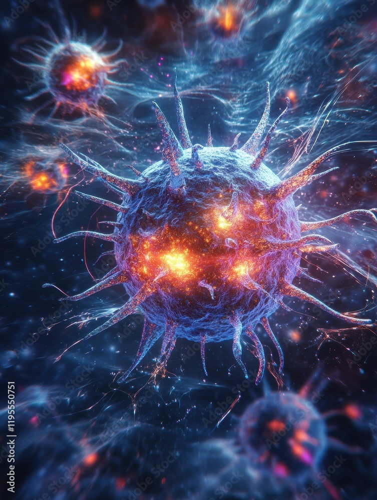 Leinwandbilder glowing cell under attack by menacing viruses in a mysterious, vibrant microenvironment exploring bi