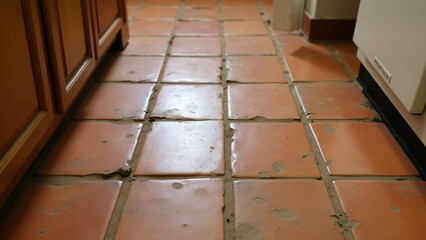 Clay tiles with cracks, chips, discoloration, and worn areas from frequent use and age.